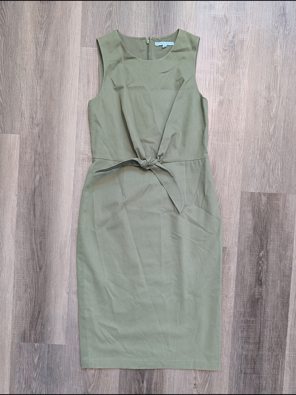 Antonio Melani Dress Womens Size 8 Green Sheath Tie Waist Sleeveless Career Midi
